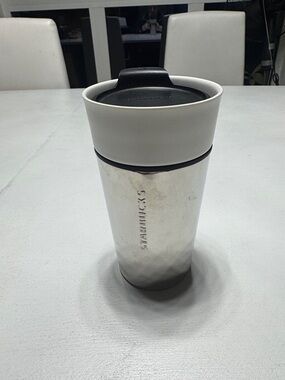 Starbucks Coffee Travel Mug Cup Chrome Stainless Steel Ceramic Silver White 12oz